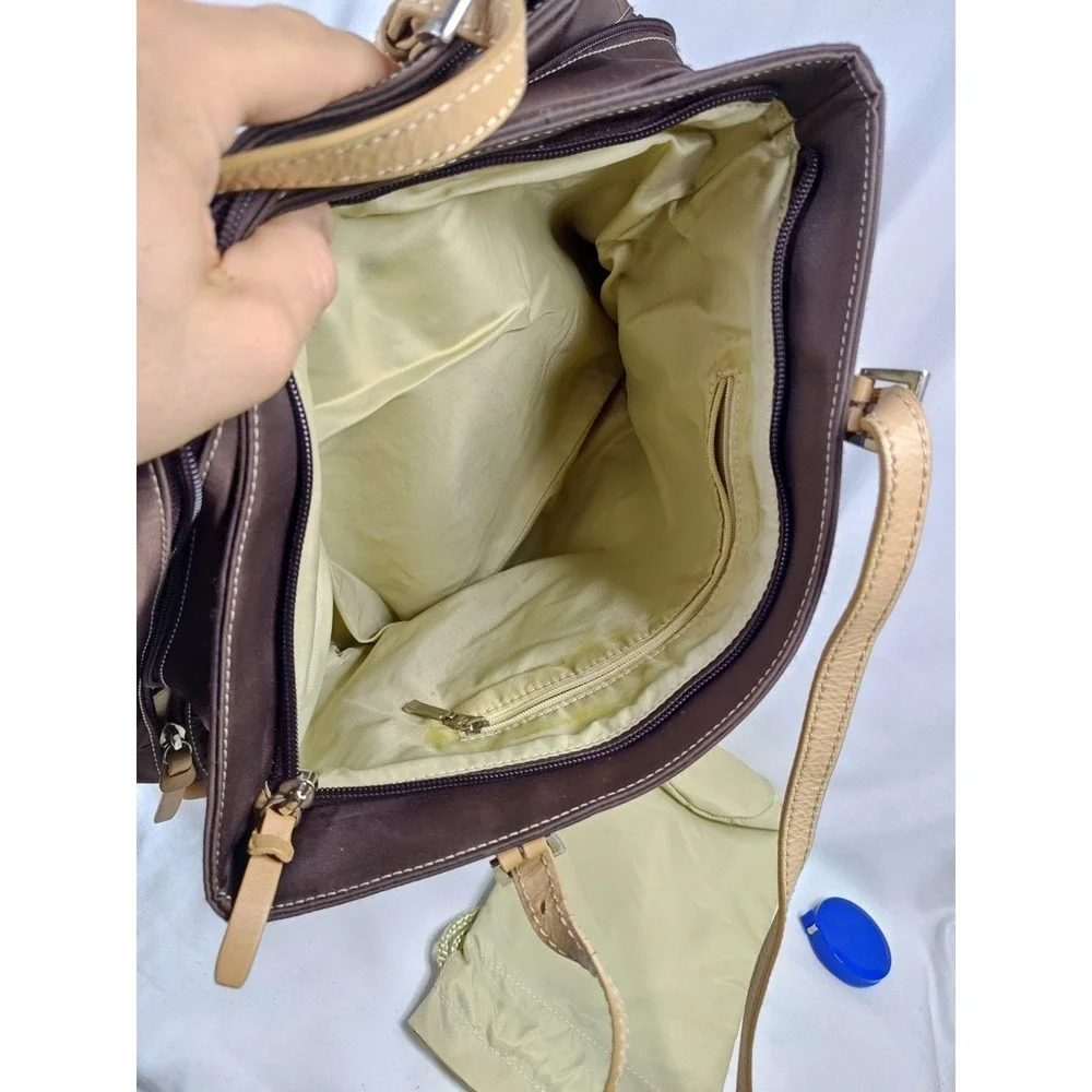 STORKSAK London Bag brown nylon tan leather strap tote Diaper bag Weekend bag